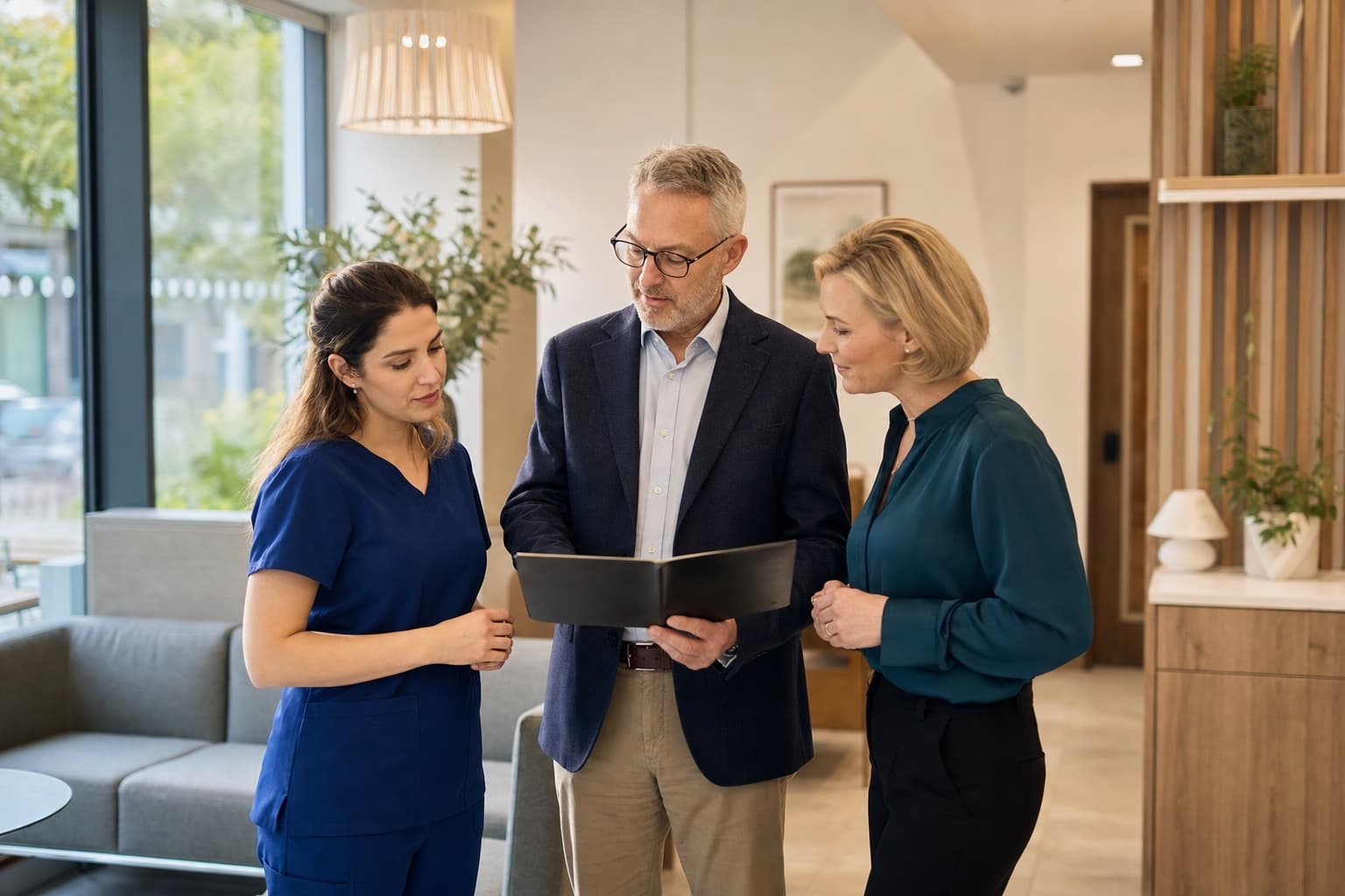 A multidisciplinary private healthcare team reviewing a patient's care together