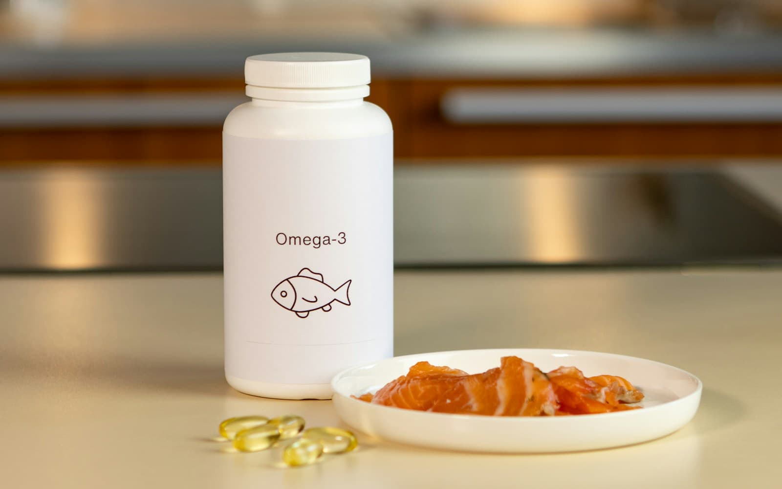 A nutritional supplement bottle beside salmon and omega-3 capsules